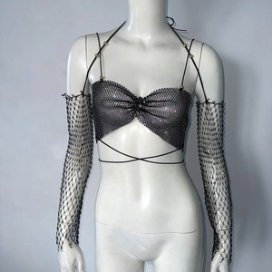 Detail of black rhinestone mesh halter top with matching sparkling sleeves for women