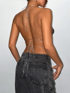 Top a fascia con paillettes metalliche argentate schiena scoperta e lacci per feste club