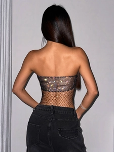 Sparkly rhinestone mesh backless camisole top for women music festival outfits