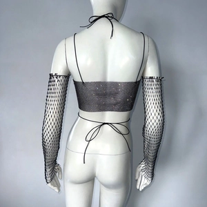 Detail of silver rhinestone mesh halter top and matching fishnet sleeves back view