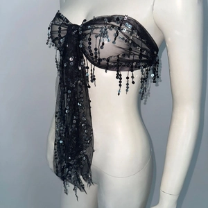 Sexy black mesh tube top with silver sequins and beaded fringe for music festivals