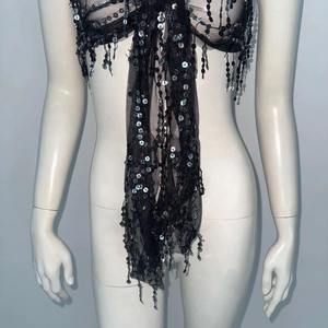 Detail view of black mesh corset top featuring silver sequins and fringe on a white mannequin