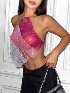 Sparkly rhinestone halter top with pink and silver gradient sequins for party wear