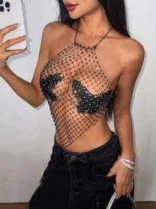 Haut licou sexy en résille avec strass et papillons en dentelle pour tenue de fête