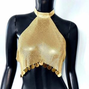 Détail de haut licou en maille métallique dorée avec sequins ronds sur fond blanc éclatant