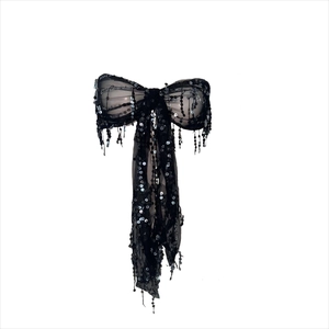 Sexy Black Sequin Mesh Bow Tube Top Women Glitter Tassel Fringe Strapless Crop Top Party Clubwear Festival Performance Top