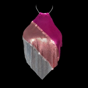 Detailed view of tricolor metallic mesh halter top with pink, rose gold, and silver sequins