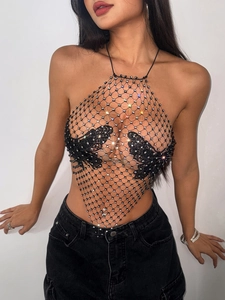 Haut licou sexy en résille noire avec strass brillants et papillons en dentelle