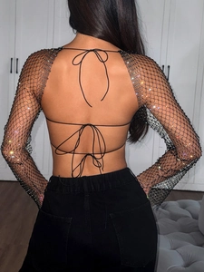 Sexy schwarzes Mesh-Oberteil mit Strass, langen Ärmeln und rückenfreiem Schnürdesign für Partys