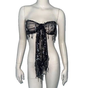 Sparkly black mesh sequin tube top with oversized bow design and long hanging ribbons