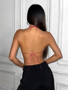 Hot pink rhinestone fishnet halter top with backless lace-up detail for women