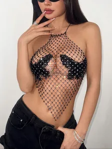 Haut licou sexy en résille noire avec strass et motif papillon en dentelle chic