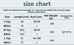 Size chart for sexy fishnet long sleeve crop top and rhinestone bikini set with measurements