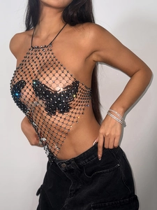 Top dos nu sexy en résille noire avec strass et applications de broderie papillon