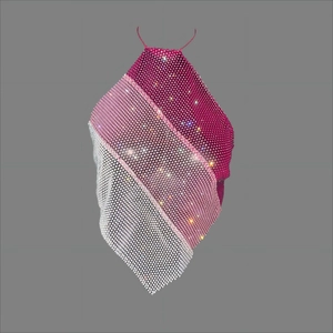 Macro view of sparkly rhinestone halter crop top with pink and white diagonal pattern