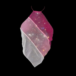 Detail of three-tone pink and white rhinestone mesh halter top with metallic chain straps