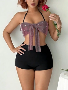 Pink rhinestone bow halter crop top and black high waist shorts two-piece set