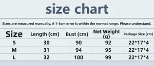 Size chart for heart tube top with length, chest, and weight for S, M, and L sizes