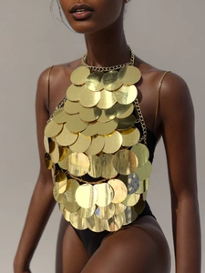 Canotta Sexy con Paillettes Oro Scollo all'Americana Donna Catena del Corpo a Dischi Rotondi Senza Maniche Crop Top per Party Clubwear