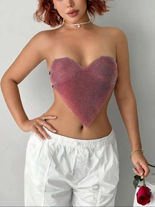 Sexy heart-shaped sequin tube top with shimmering rhinestones and lace-up straps