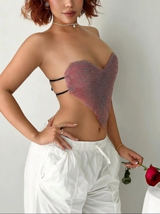 Sexy heart-shaped sequin corset top with back lace-up detail and red rhinestones