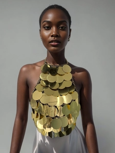 Sexy top a lupetto con paillettes dorate con dischi a specchio fatti a mano e catene