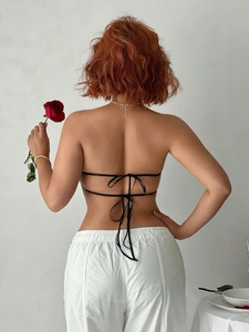 Sexy black strapless backless top with thin criss-cross ties for women on holiday