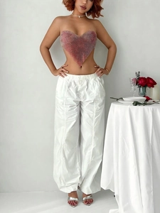 Sexy red heart rhinestone tube top paired with white wide-leg pants party set
