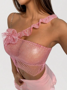 Pink rhinestone off-shoulder top with mesh flower detail and metallic chain strap