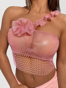 Pink rhinestone mesh one-shoulder top with 3D flower accent and sparkling sheer fabric