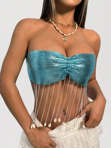 Blue metallic sequin halter top with silver chain tassels and shell charms for party
