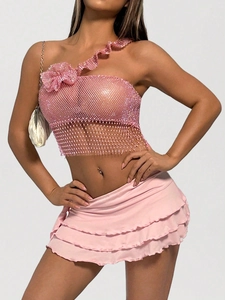 Pink one-shoulder mesh top and ruffled skirt set with sequins and rhinestones decor