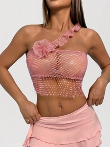 Pink rhinestone mesh one-shoulder crop top with ruffled details and sheer finish