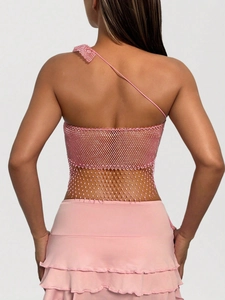 Pink rhinestone mesh crop top with asymmetrical shoulder strap and beaded fringe detail
