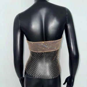 Detail of champagne rhinestone mesh crop top with shimmering crystals for party wear