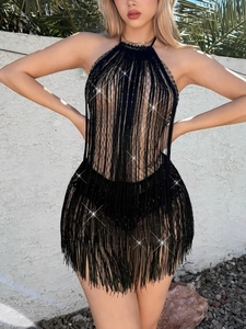 Robe licou noire sexy à franges avec strass brillants et tissu en maille pour fête