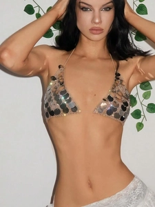 Women Sexy Sequin Halter Top Metallic Bikini Bralette Backless Lace Up Tank Top For Music Festival Party Clubwear