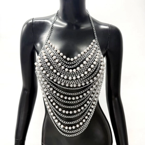 Fashionable layered pearl and silver chain body harness necklace for music festivals
