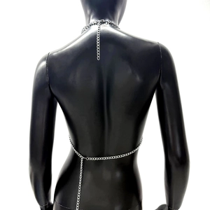 Silver metal body chain for women featuring neck and waist links on open back top