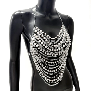 Layered pearl and silver chain halter body chain top for festivals and parties