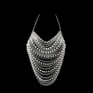 Sexy Halter Multi-Layer Artificial Pearl Metal Chain Body Chain Top For Women Nightclub Music Festival Party Jewelry Silver Crop Top