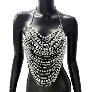 Sexy silver chain body jewelry vest with multi-layer pearls for music festival parties