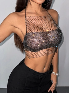 Sexy schwarzes Netz-Halter-Top mit glitzernden Strasssteinen für Festival-Outfits