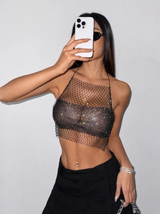 Sexy schwarzes Netz-Halter-Crop-Top mit bunten Strasssteinen für Festivals und Partys