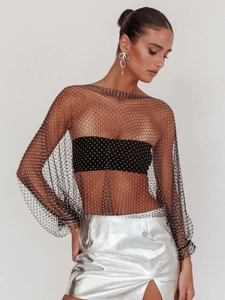 Haut chic en résille noire à manches longues pour femmes avec strass brillants et maille