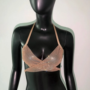 Macro shot of sparkling champagne gold rhinestone mesh halter top with crisscross ties