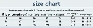 Size chart detail for sequin mesh mini dress showing S, M, L measurements and weight info