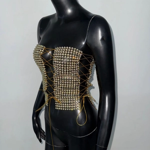 Close-up of silver rhinestone corset top with golden criss-cross lace-up details