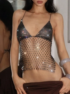 Women's Sexy Black Rhinestone Fishnet Halter Cami Top Sparkly Sheer Mesh Backless Butterfly Patchwork Party Tank Top