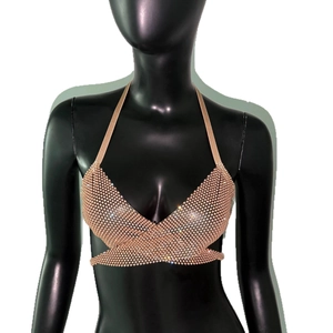 Rose gold rhinestone halter crop top with cross V-neck for clubwear and parties